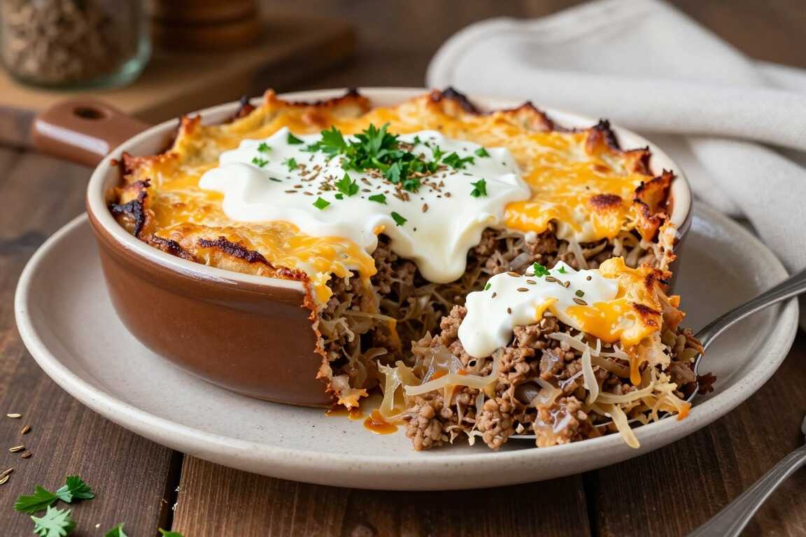 Low Carb Auflauf mit Sauerkraut und Hackfleisch: Deftig, ohne Kartoffelschicht!