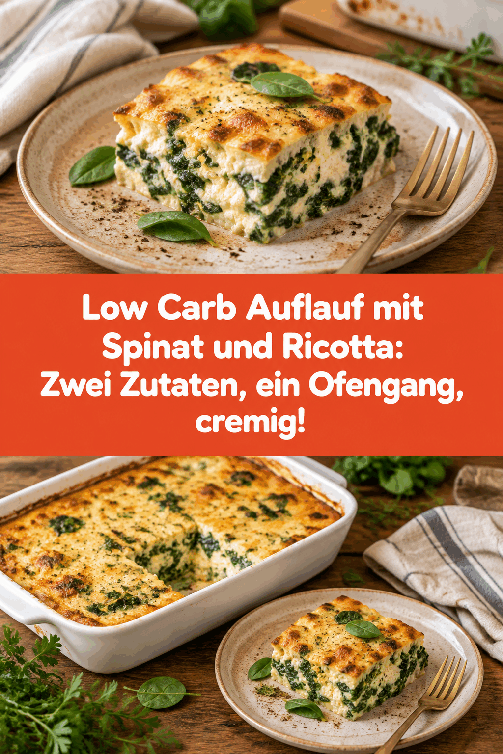 Low Carb Auflauf mit Spinat und Ricotta: Zwei Zutaten, ein Ofengang, cremig!