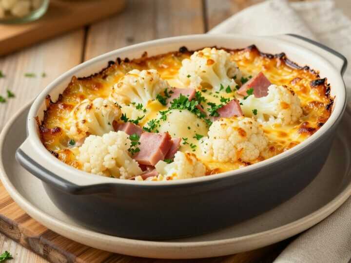 Low Carb Blumenkohl-Gratin mit Schinken: 800 g Blumenkohl, 200 g Käse!