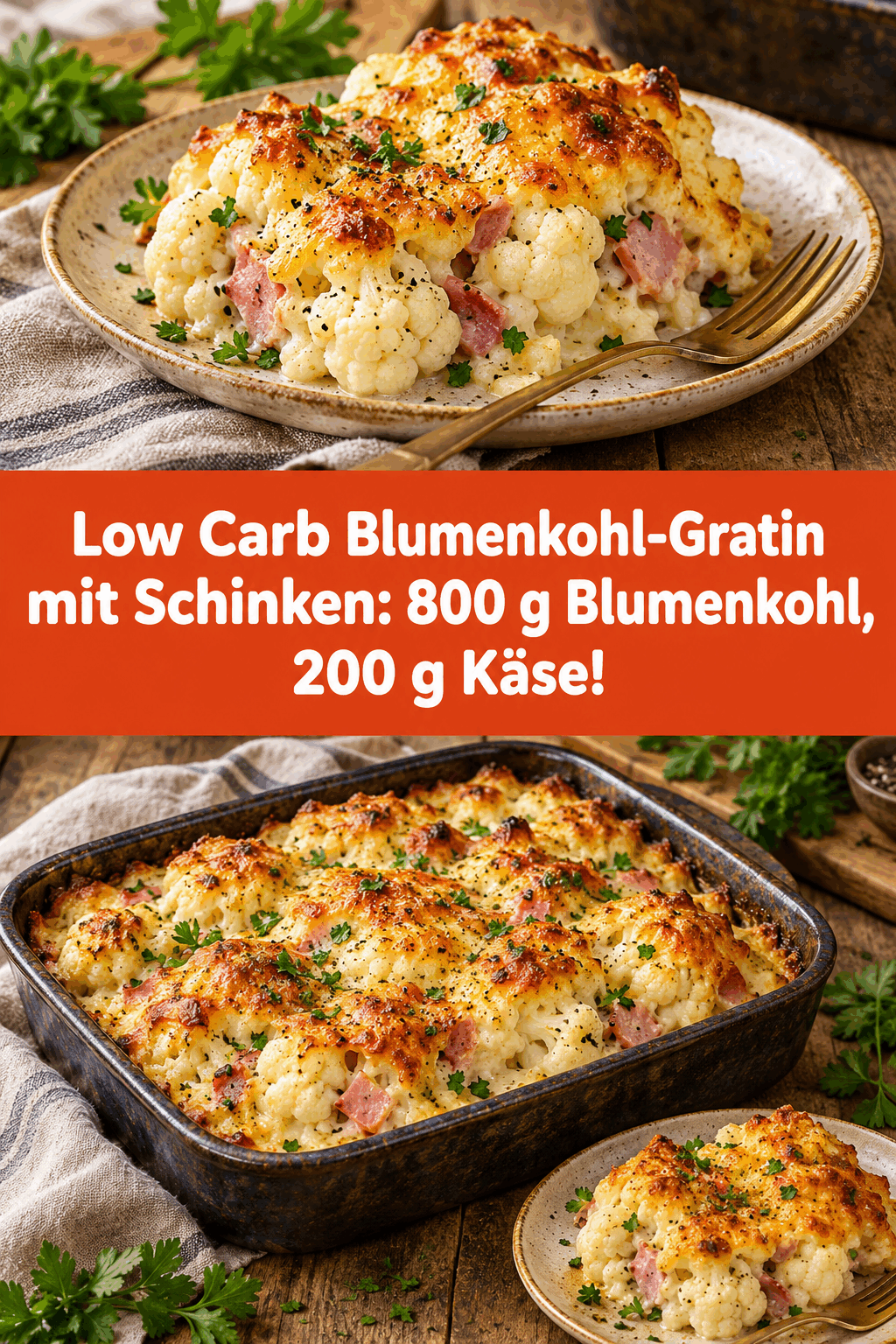 Low Carb Blumenkohl-Gratin mit Schinken: 800 g Blumenkohl, 200 g Käse!