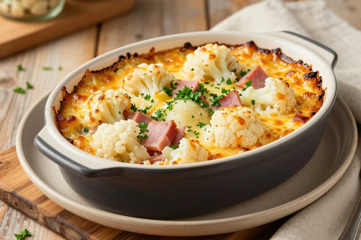 Low Carb Blumenkohl-Gratin mit Schinken: 800 g Blumenkohl, 200 g Käse!