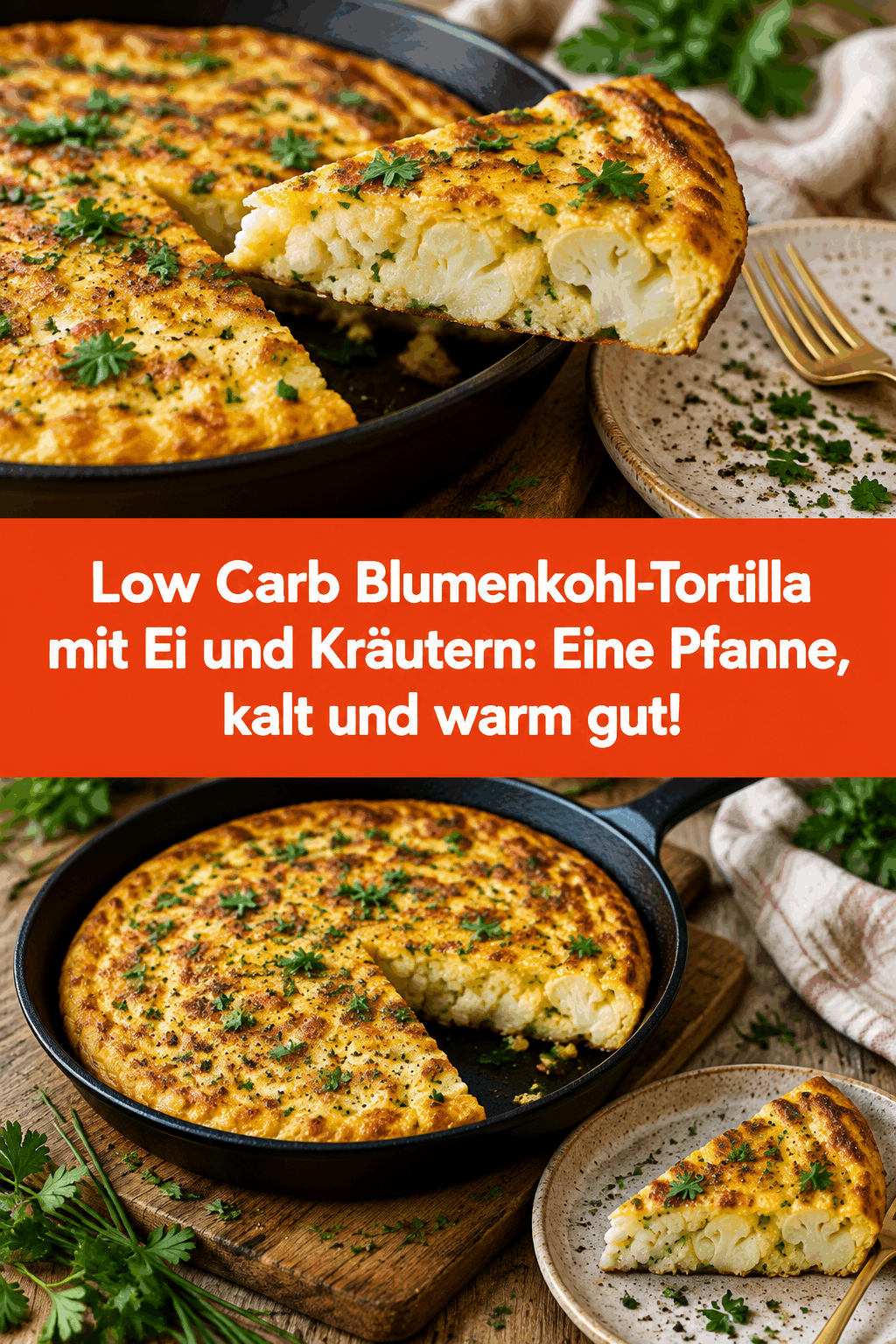 Low Carb Blumenkohl-Tortilla mit Ei und Kräutern: Eine Pfanne, kalt und warm gut!