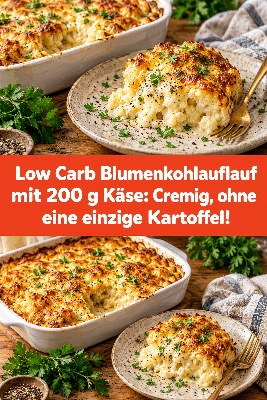 Low Carb Blumenkohlauflauf mit 200 g Käse: Cremig, ohne eine einzige Kartoffel!