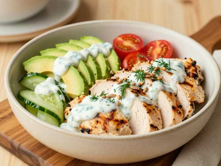 Low Carb Bowl mit Hähnchen, Avocado und Gurke: Kalte Küche ohne Reis!