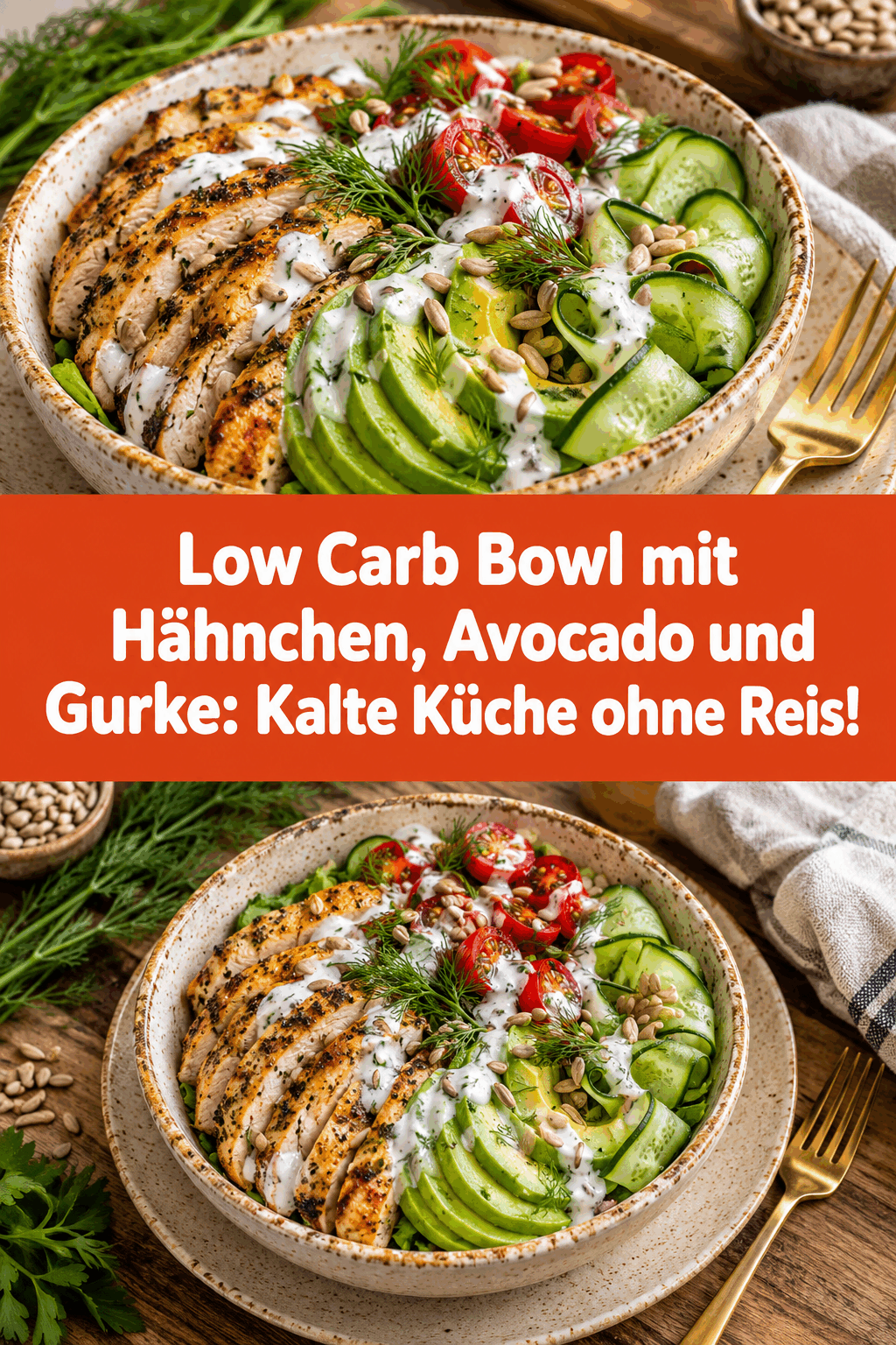 Low Carb Bowl mit Hähnchen, Avocado und Gurke: Kalte Küche ohne Reis!