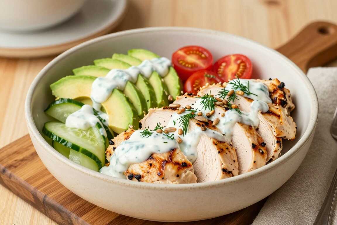 Low Carb Bowl mit Hähnchen, Avocado und Gurke: Kalte Küche ohne Reis!