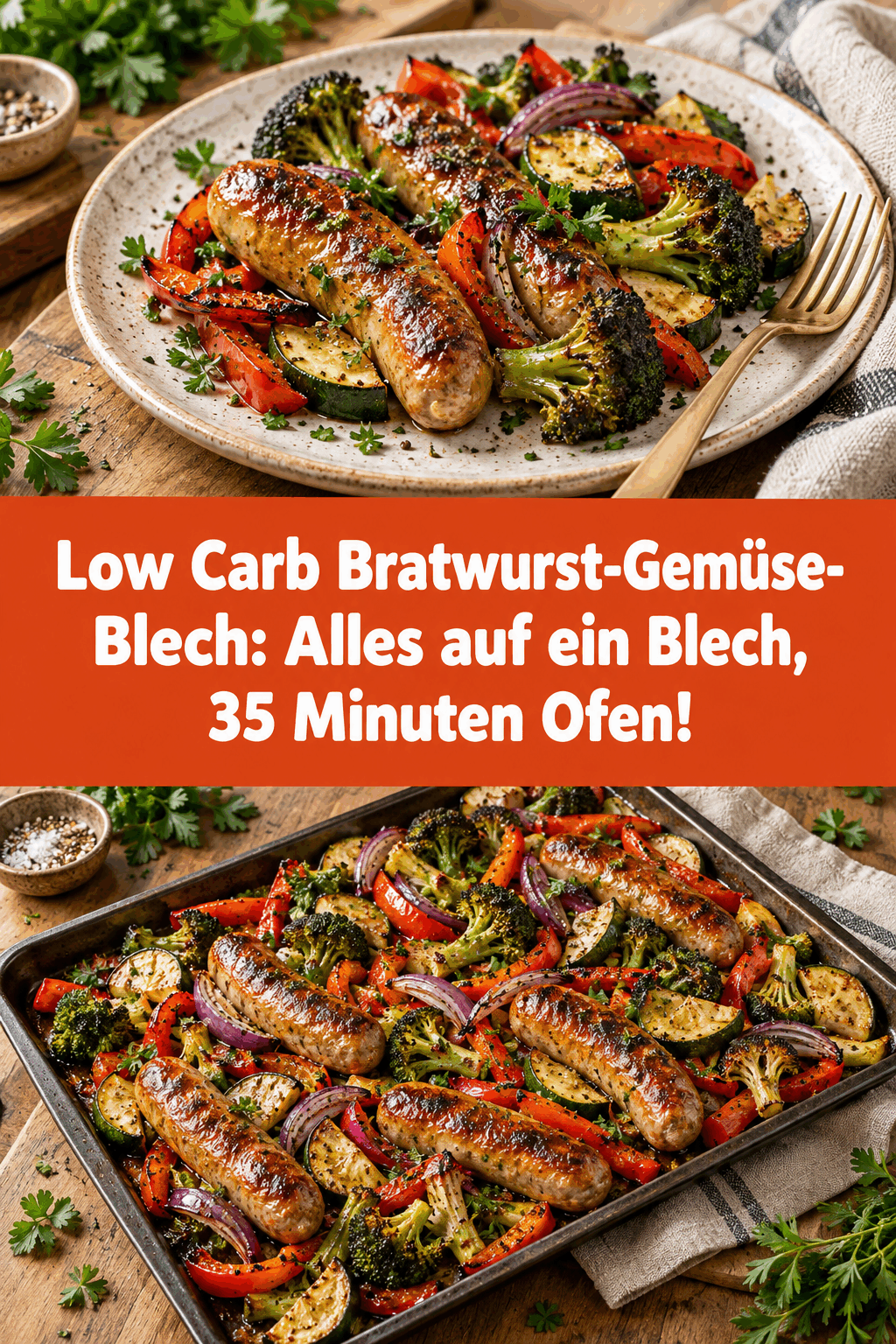 Low Carb Bratwurst-Gemüse-Blech: Alles auf ein Blech, 35 Minuten Ofen!