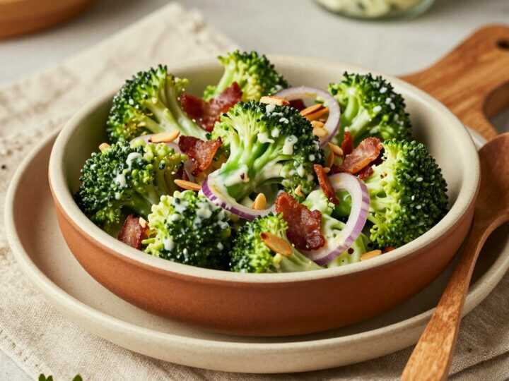 Low Carb Brokkoli-Salat mit Speck und Mandeln: Roh angemacht, bleibt knackig!