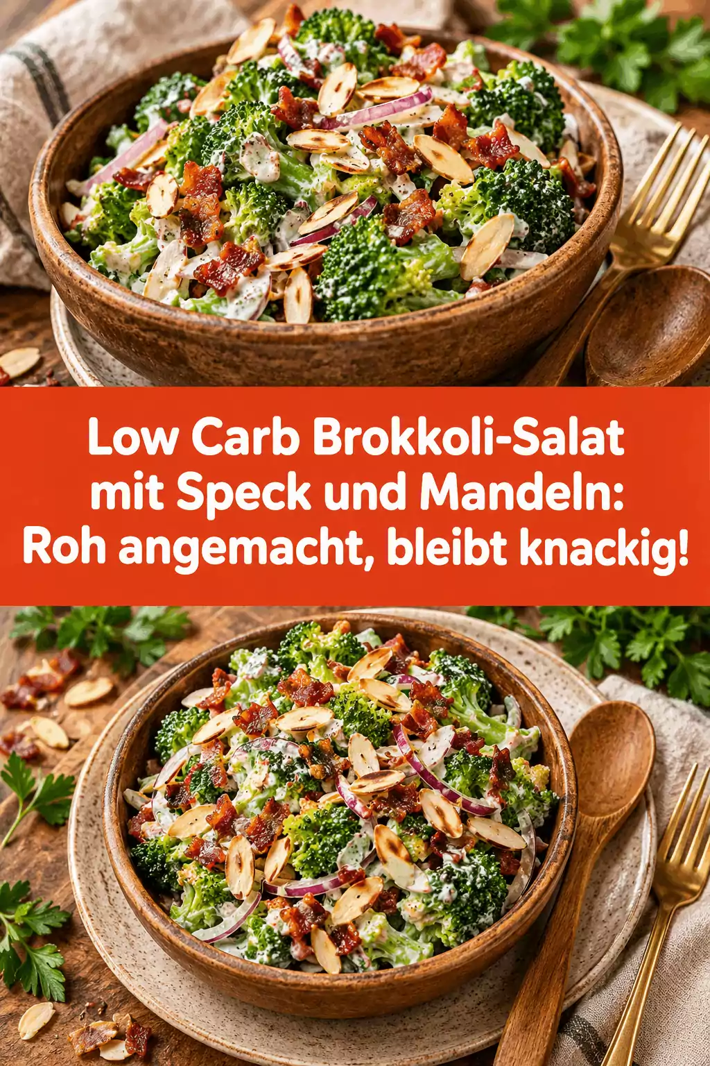 Low Carb Brokkoli-Salat mit Speck und Mandeln: Roh angemacht, bleibt knackig!