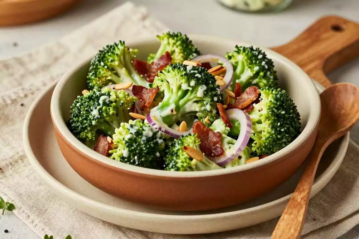 Low Carb Brokkoli-Salat mit Speck und Mandeln: Roh angemacht, bleibt knackig!