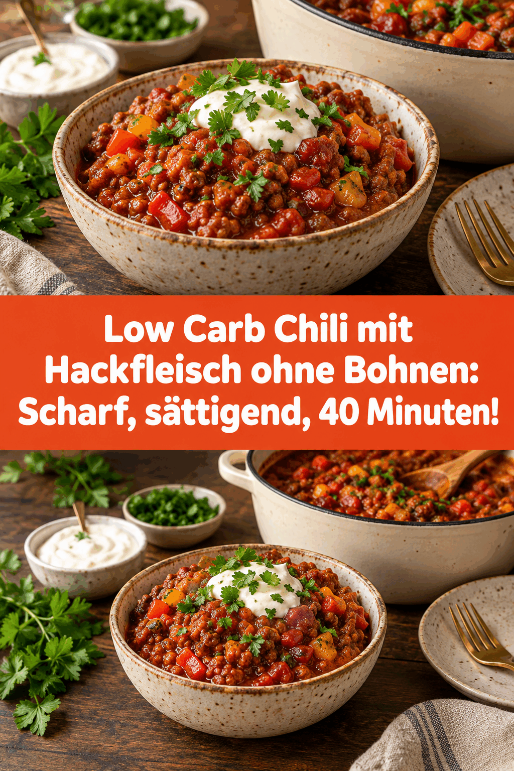 Low Carb Chili mit Hackfleisch ohne Bohnen: Scharf, sättigend, 40 Minuten!