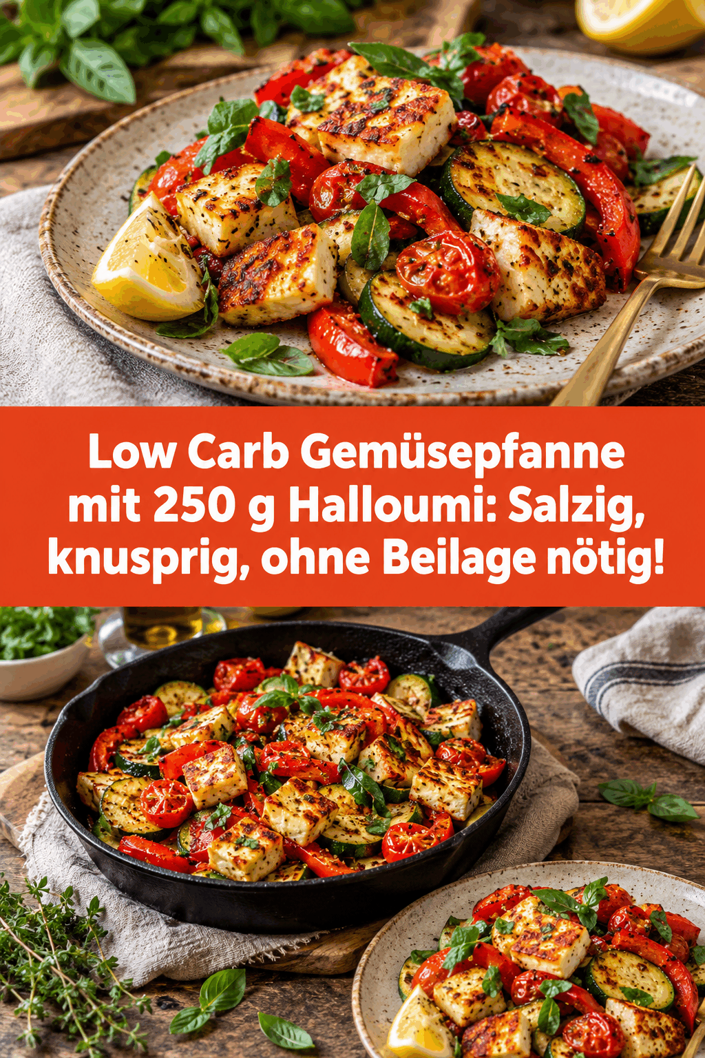 Low Carb Gemüsepfanne mit 250 g Halloumi: Salzig, knusprig, ohne Beilage nötig!