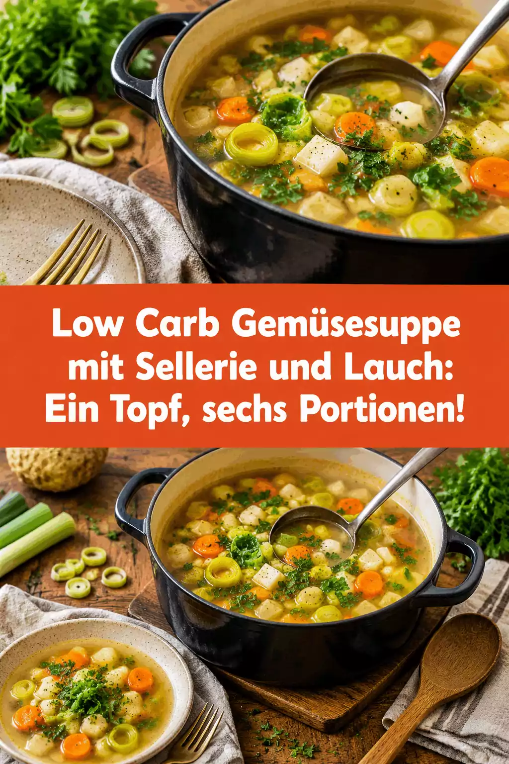 Low Carb Gemüsesuppe mit Sellerie und Lauch: Ein Topf, sechs Portionen!
