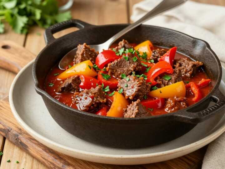 Low Carb Gulasch mit Paprika ohne Mehlschwitze: Sämig durch püriertes Gemüse!