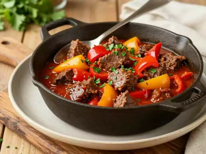 Low Carb Gulasch mit Paprika ohne Mehlschwitze: Sämig durch püriertes Gemüse!
