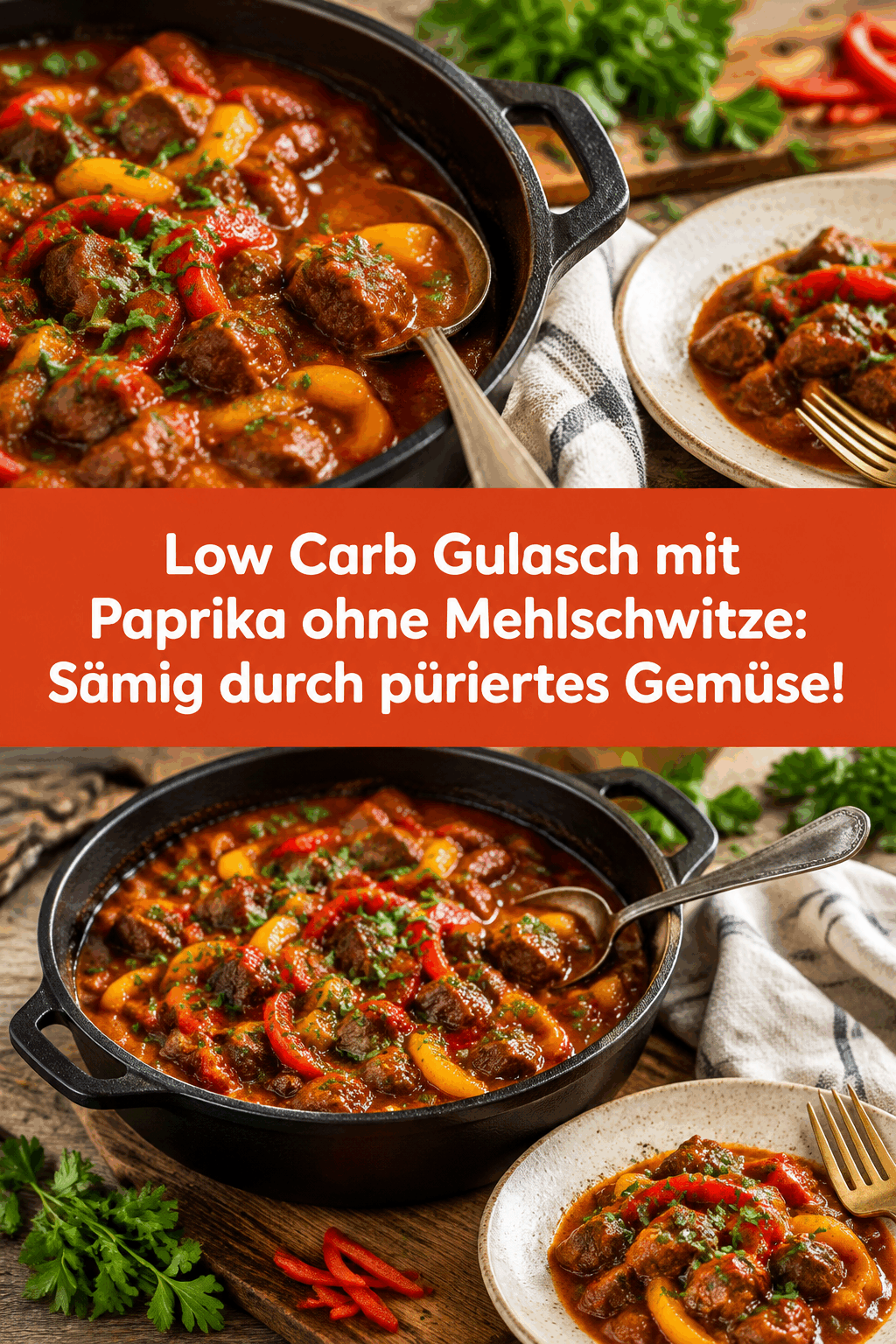 Low Carb Gulasch mit Paprika ohne Mehlschwitze: Sämig durch püriertes Gemüse!