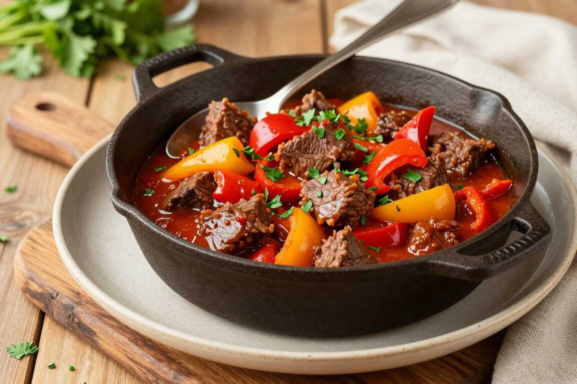 Low Carb Gulasch mit Paprika ohne Mehlschwitze: Sämig durch püriertes Gemüse!