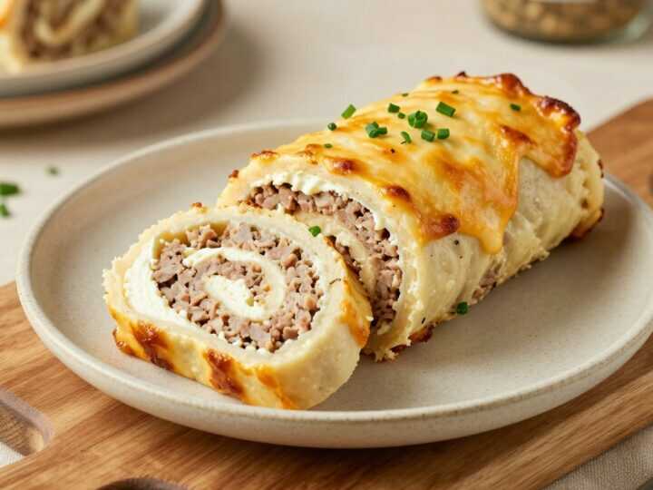Low Carb Hackfleisch-Käse-Rolle mit Frischkäsefüllung: Schneiden und servieren!