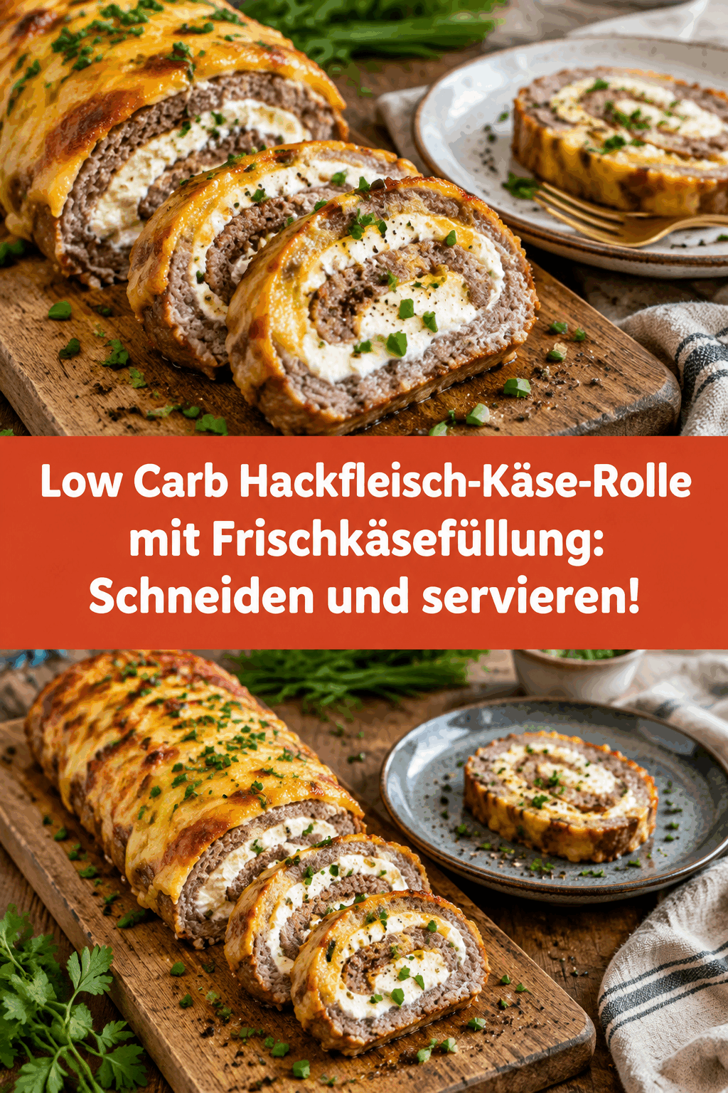 Low Carb Hackfleisch-Käse-Rolle mit Frischkäsefüllung: Schneiden und servieren!