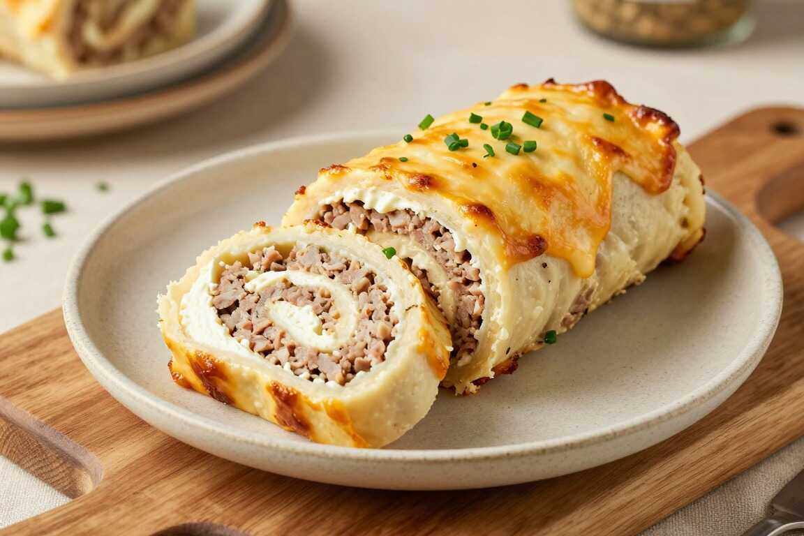 Low Carb Hackfleisch-Käse-Rolle mit Frischkäsefüllung: Schneiden und servieren!