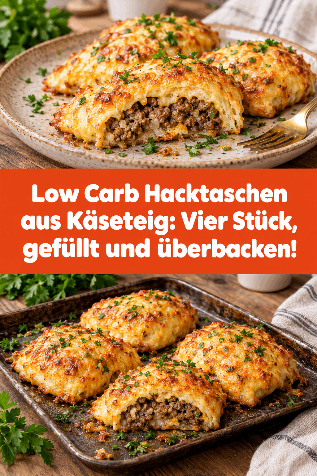 Low Carb Hacktaschen aus Käseteig: Vier Stück, gefüllt und überbacken!