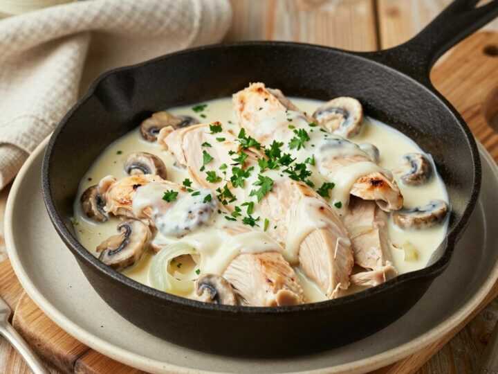 Low Carb Hähnchengeschnetzeltes mit Rahmsoße: Ohne Mehl, mit Frischkäse gebunden!