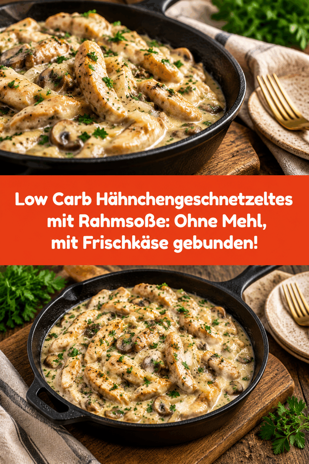 Low Carb Hähnchengeschnetzeltes mit Rahmsoße: Ohne Mehl, mit Frischkäse gebunden!