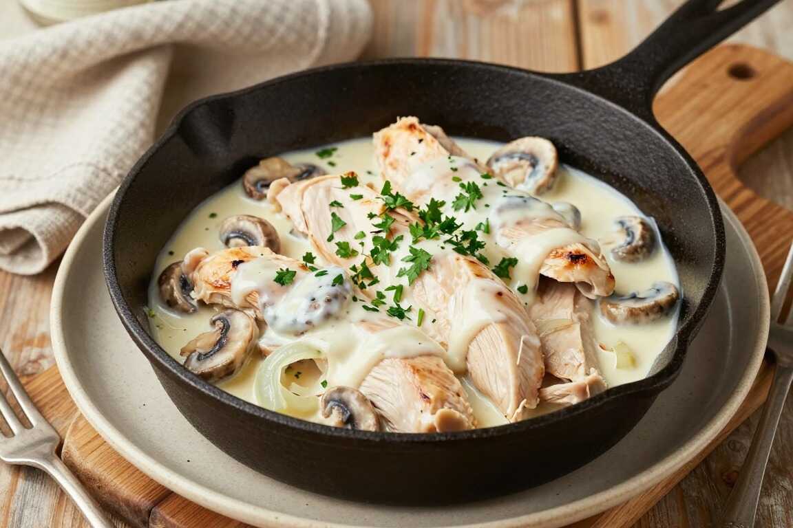 Low Carb Hähnchengeschnetzeltes mit Rahmsoße: Ohne Mehl, mit Frischkäse gebunden!