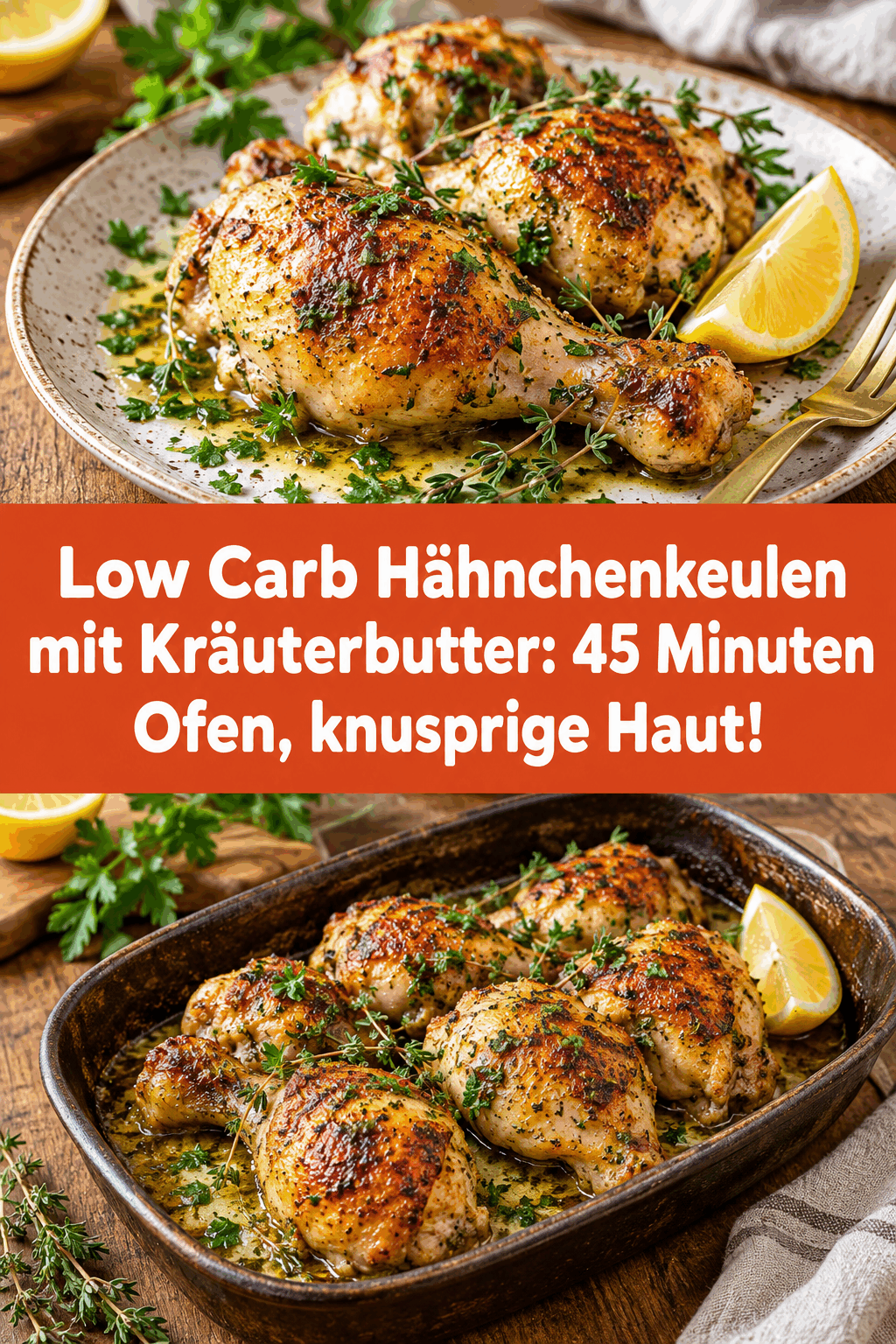 Low Carb Hähnchenkeulen mit Kräuterbutter: 45 Minuten Ofen, knusprige Haut!