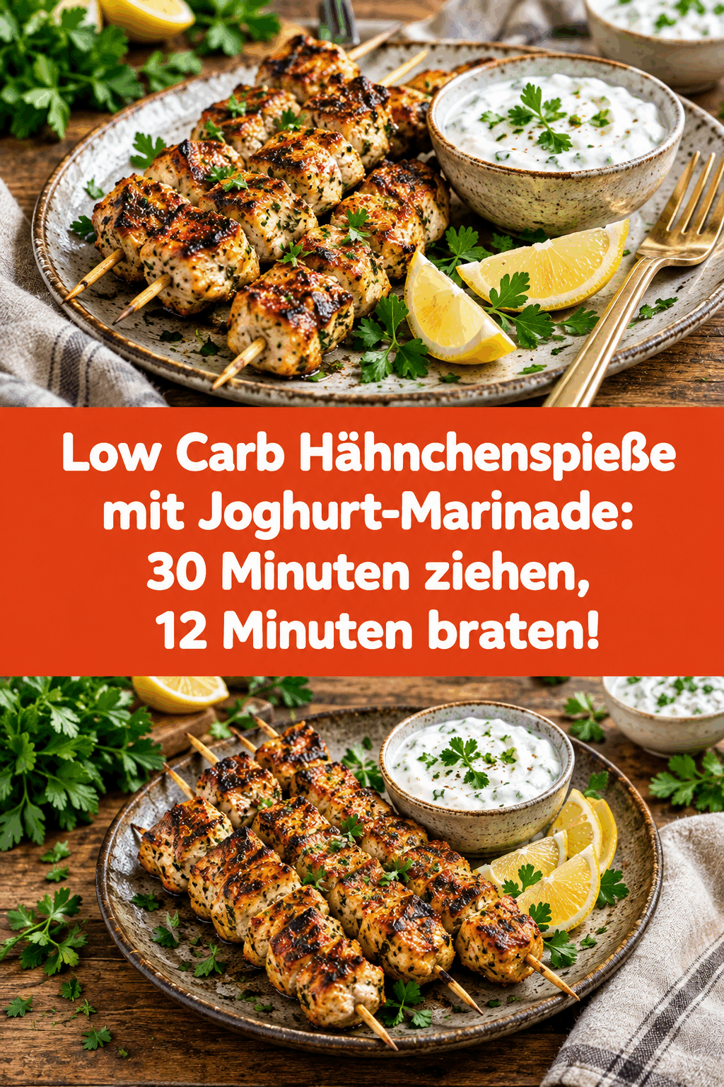 Low Carb Hähnchenspieße mit Joghurt-Marinade: 30 Minuten ziehen, 12 Minuten braten!