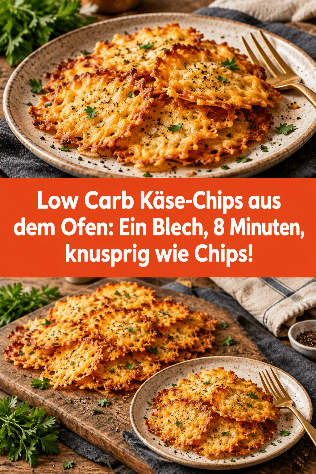Low Carb Käse-Chips aus dem Ofen: Ein Blech, 8 Minuten, knusprig wie Chips!