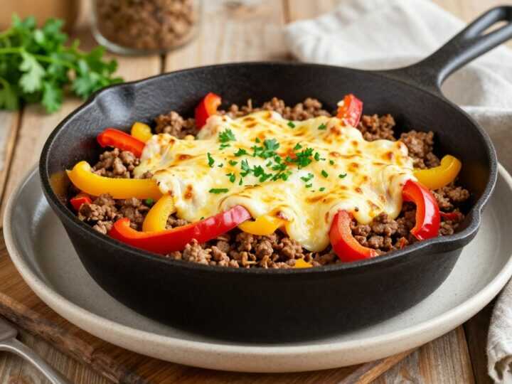 Low Carb Käse-Hack-Pfanne mit Paprika: 500 g Hack, 200 g Käse, ein Topf!
