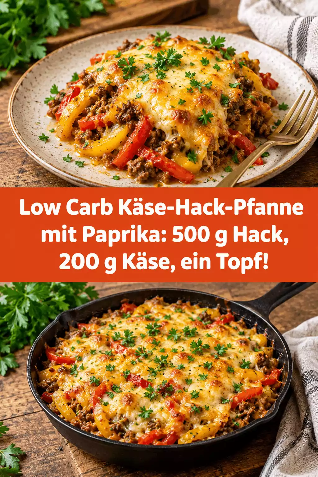Low Carb Käse-Hack-Pfanne mit Paprika: 500 g Hack, 200 g Käse, ein Topf!