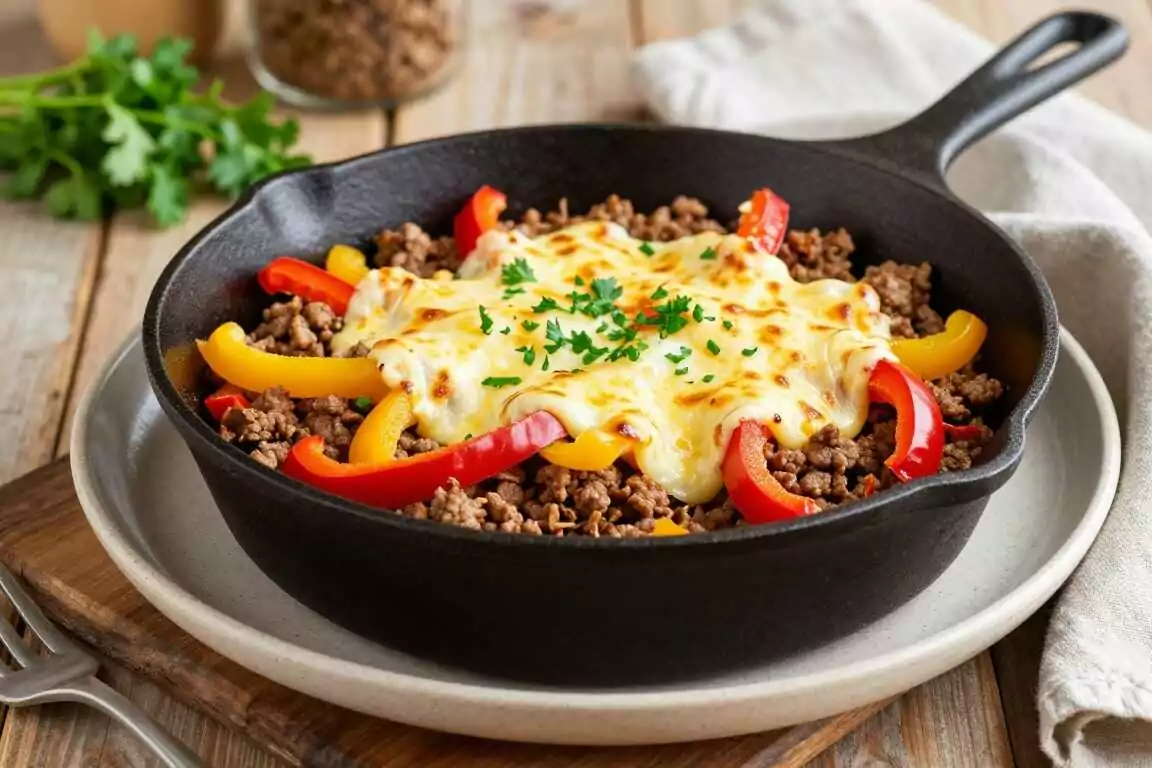 Low Carb Käse-Hack-Pfanne mit Paprika: 500 g Hack, 200 g Käse, ein Topf!