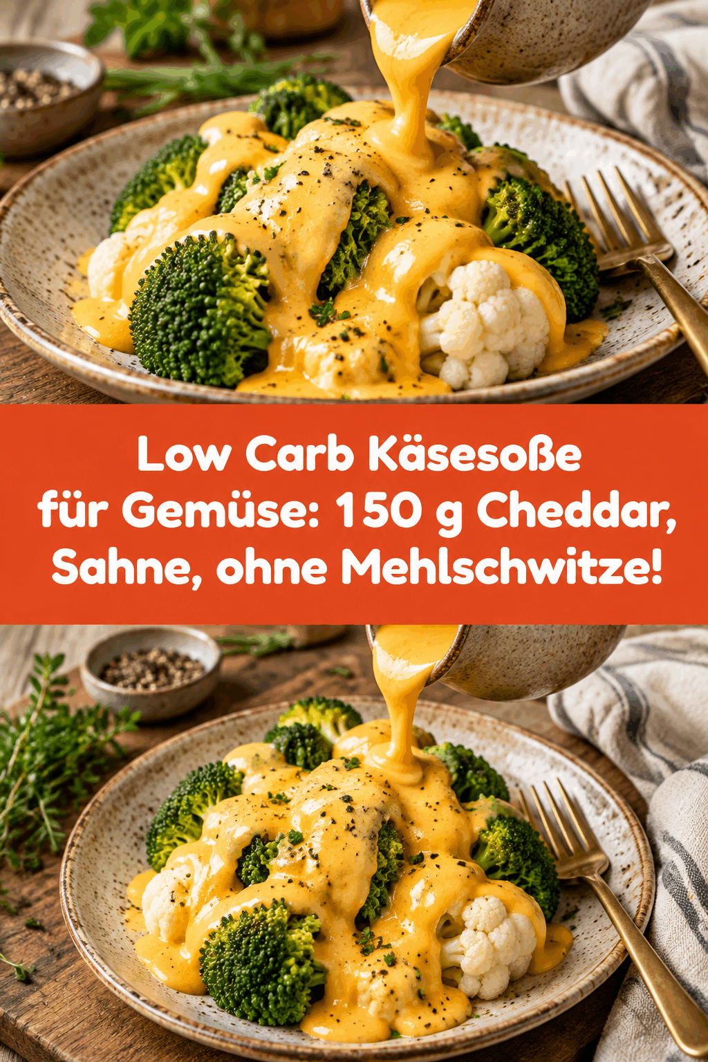 Low Carb Käsesoße für Gemüse: 150 g Cheddar, Sahne, ohne Mehlschwitze!