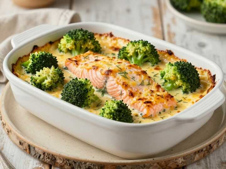 Low Carb Lachsauflauf mit Brokkoli und Sahne: 400 g Lachs, ein Ofengang!