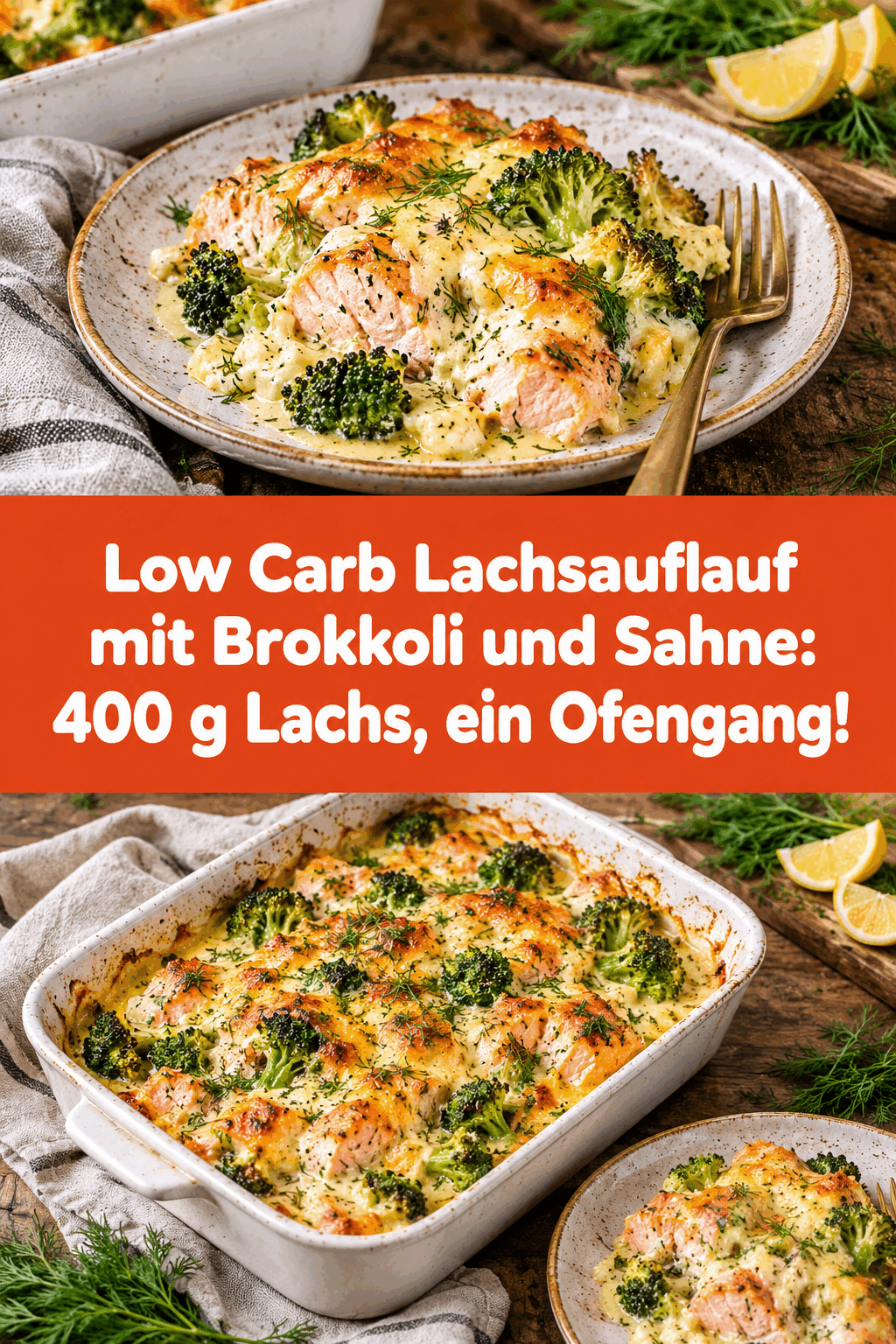 Low Carb Lachsauflauf mit Brokkoli und Sahne: 400 g Lachs, ein Ofengang!