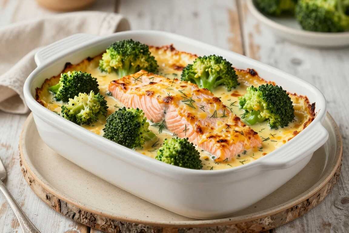 Low Carb Lachsauflauf mit Brokkoli und Sahne: 400 g Lachs, ein Ofengang!