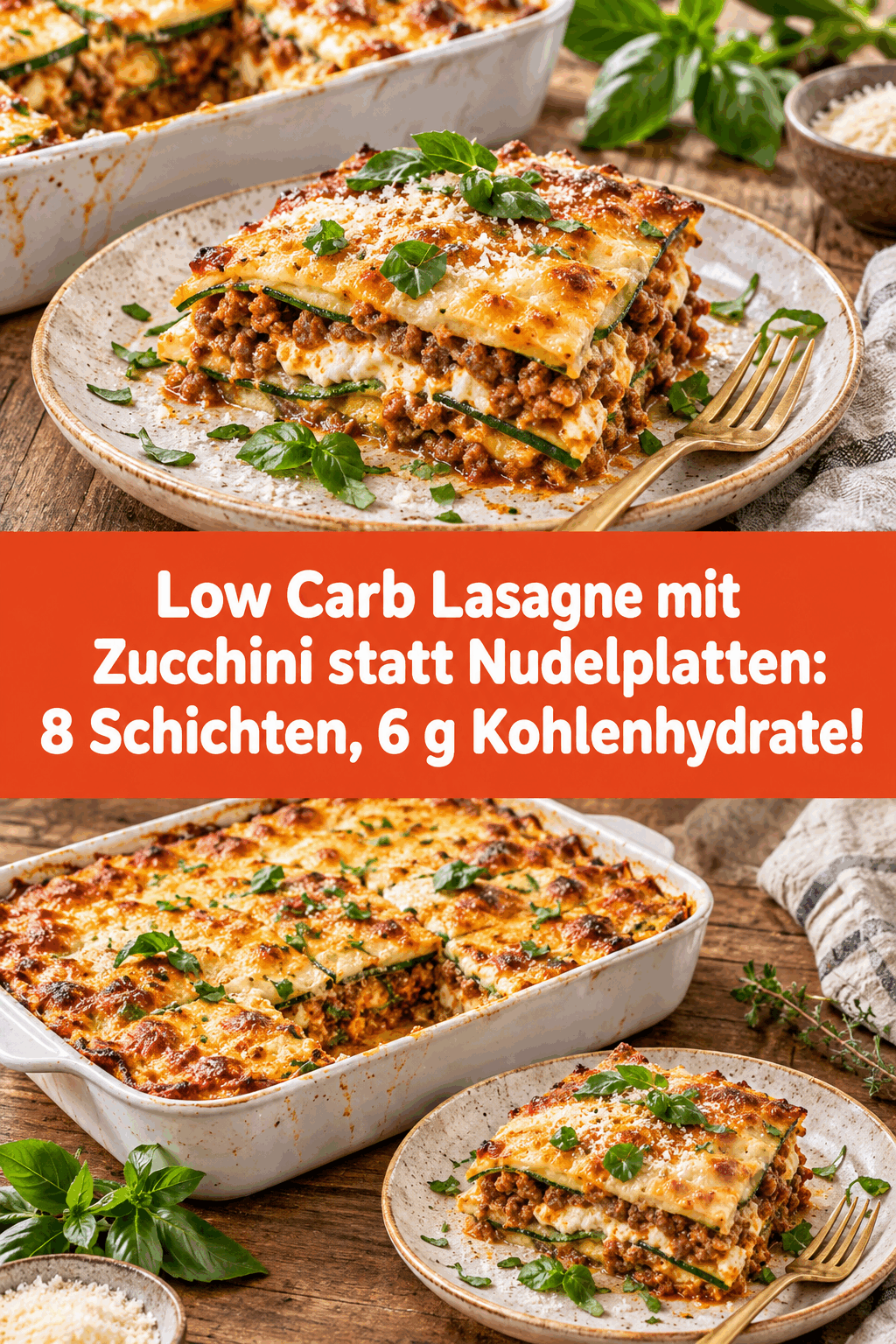 Low Carb Lasagne mit Zucchini statt Nudelplatten: 8 Schichten, 6 g Kohlenhydrate!