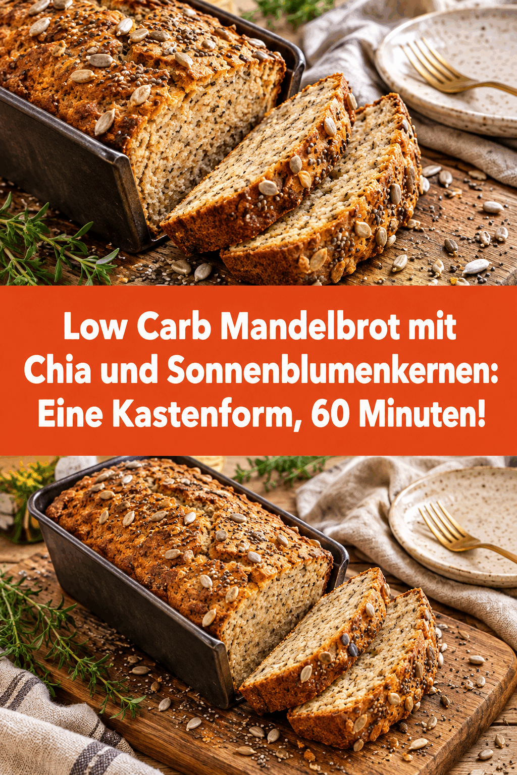 Low Carb Mandelbrot mit Chia und Sonnenblumenkernen: Eine Kastenform, 60 Minuten!