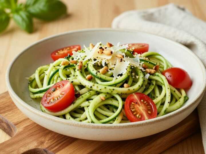 Low Carb Nudelsalat aus Zucchini: Kalt serviert, mit Pesto und Pinienkernen!