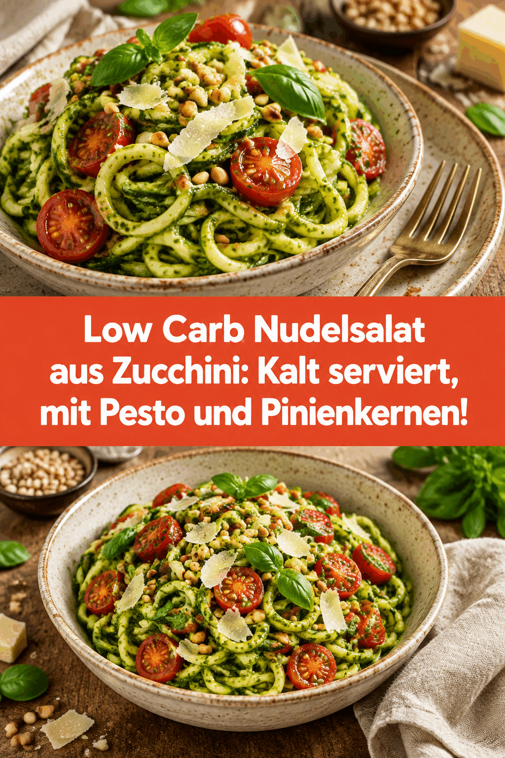 Low Carb Nudelsalat aus Zucchini: Kalt serviert, mit Pesto und Pinienkernen!