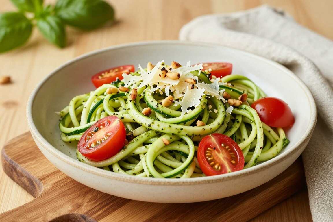 Low Carb Nudelsalat aus Zucchini: Kalt serviert, mit Pesto und Pinienkernen!