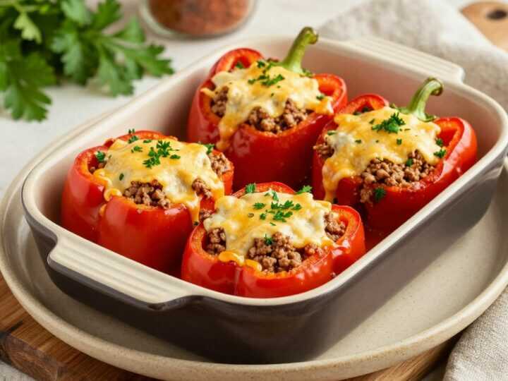Low Carb Paprika gefüllt mit Hackfleisch und Käse: Vier Stück, 40 Minuten Ofen!