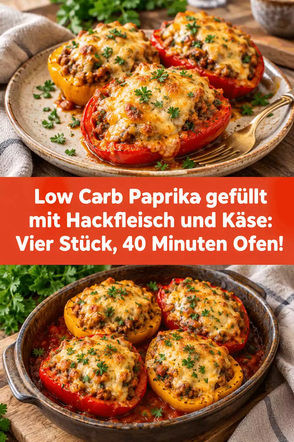 Low Carb Paprika gefüllt mit Hackfleisch und Käse: Vier Stück, 40 Minuten Ofen!