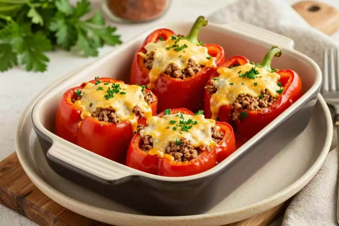 Low Carb Paprika gefüllt mit Hackfleisch und Käse: Vier Stück, 40 Minuten Ofen!