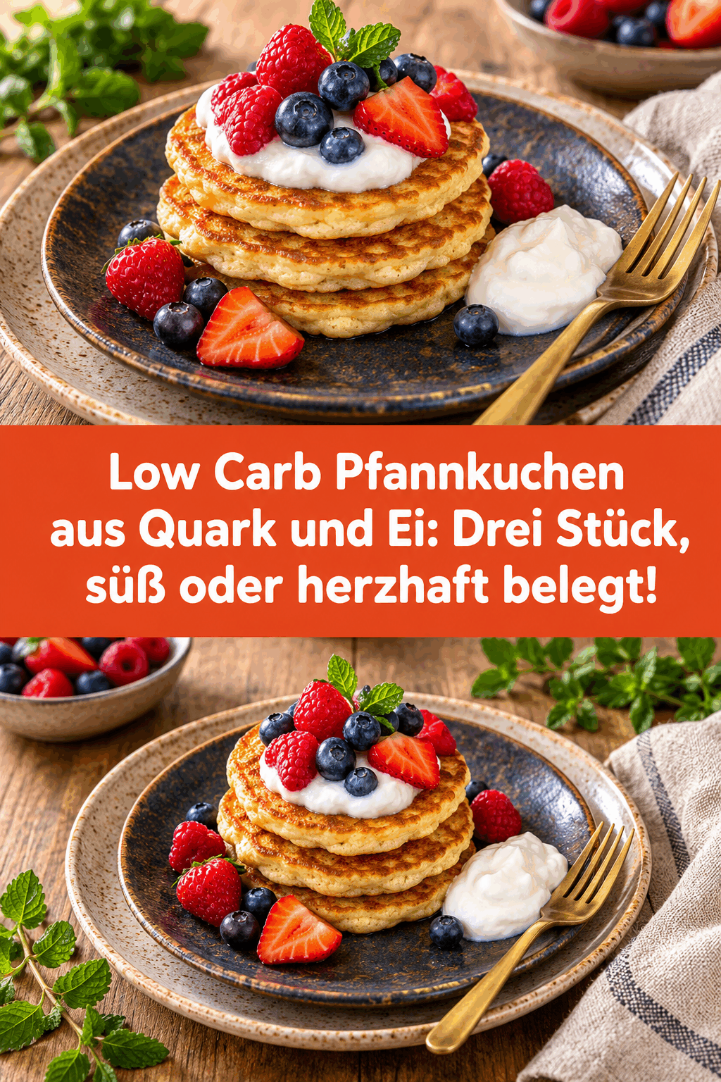Low Carb Pfannkuchen aus Quark und Ei: Drei Stück, süß oder herzhaft belegt!
