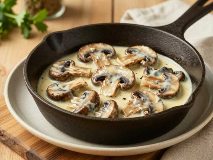 Low Carb Pilzpfanne mit Sahnesoße: 500 g Champignons in 15 Minuten!