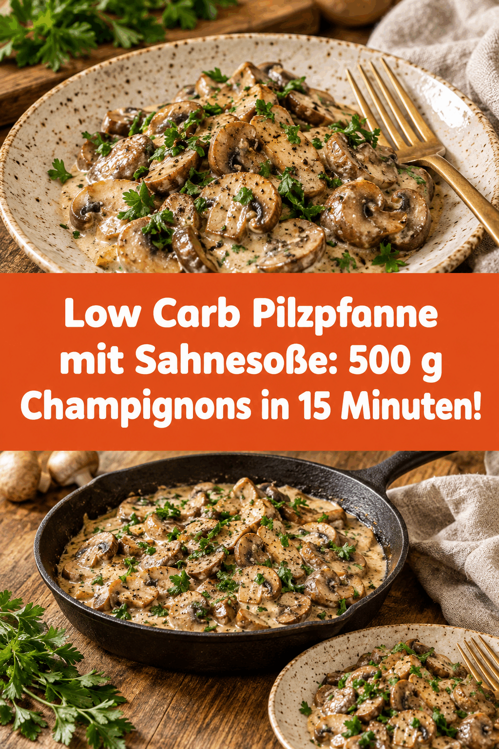 Low Carb Pilzpfanne mit Sahnesoße: 500 g Champignons in 15 Minuten!