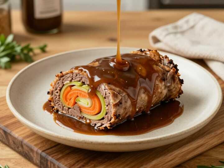 Low Carb Rinderrouladen mit Gemüsefüllung: Soße ohne Mehl, mit Sahne gebunden!